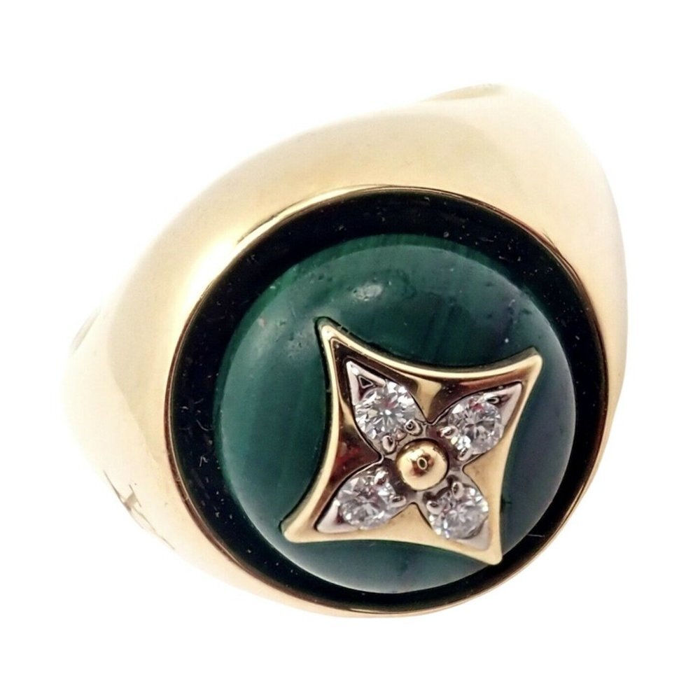 Authentic Louis Vuitton LV 18k Yellow Gold Diamond Malachite Blossom Signet Ring